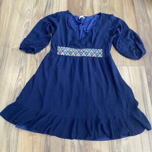 Boho Hem and Thread Women's Dress Size L Navy Knee Length 3/4 Sleeve
